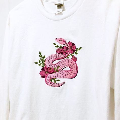 Oopsidaisi Embroidery Designs on Instagram: “🐍💗🐍💗🐍” Snake Motif, Embroidered Snake, Snake Streetwear Design, Snake Embroidery Shirt, Snake Tshirt, Hand Embroidery Patterns, Embroidery Patterns, Hand Embroidery, Machine Embroidery