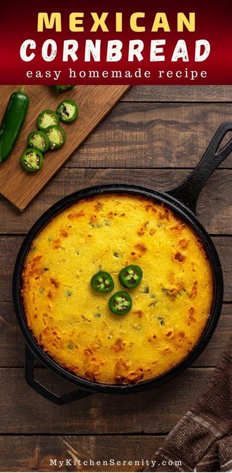 Easy, cheesy Mexican cornbread made with sour cream, jalapenos, cheddar cheese, cream corn, and corn meal (no Jiffy!). Super moist! Three-layered cornbread is the moistest, cheesiest, and tastiest… Top Of The River Cornbread Recipe, Homemade Mexican Cornbread, Jiffy Mexican Cornbread, Mexican Cornbread Jiffy, Easy Mexican Cornbread, Creamed Corn Cornbread, Mexican Cornbread Recipe, Jiffy Cornbread Recipes, Cornbread With Corn