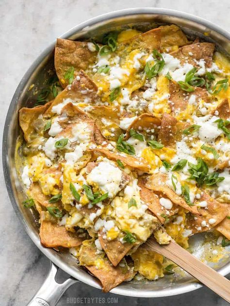 Green Chile Migas is a fast and inexpensive egg dish that is flavorful and filling any time of day, not just for breakfast! BudgetBytes.com Chilaquiles Recipe, Authentic Mexican Recipes, Mexican Breakfast Recipes, Budget Bytes, Egg Recipes For Breakfast, Egg Dish, Koh Tao, Green Chile, Mexican Food Recipes Authentic