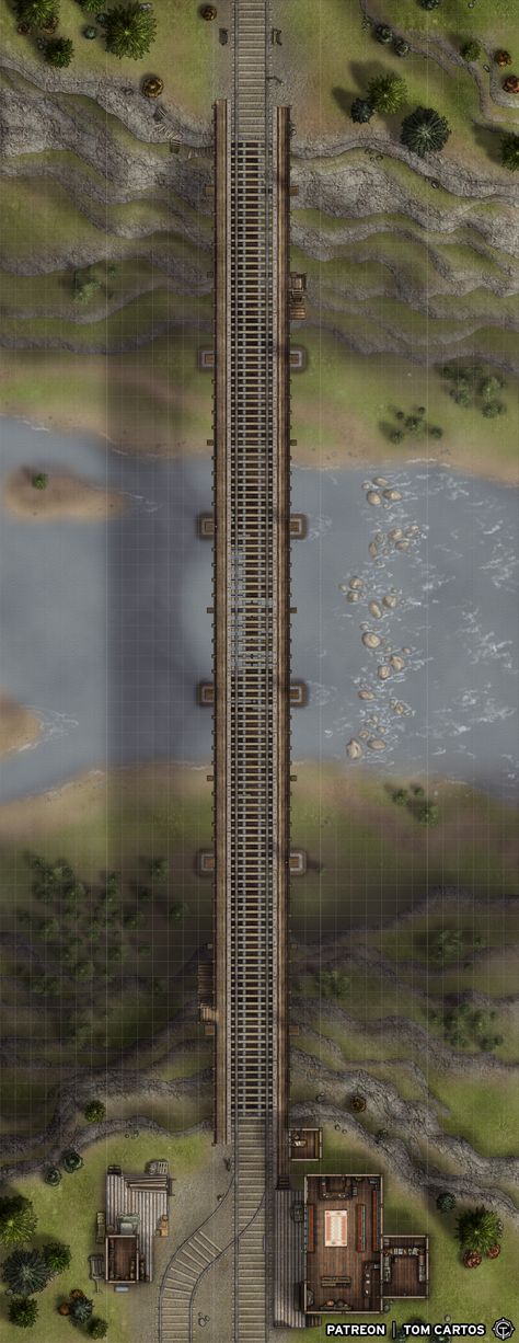 The train line is the quickest way to reach the frontier and allows passengers to avoid much of the dangerous wilderness along the way, but due to infrequent use the relatively new track has already fallen into some disrepair & the guards that patrolled the key intersections have been recalled.Click the link to download & find out more. #tomcartos #battlemap #map #ttrpg #dnd #rpg #callofcthulu #pathfinder#dungeons #dragons #5e #free #fantasy #train #track #bridge #canyon #station #western #river Dnd Train Battle Map, Train Station Battlemap, Train Battlemap, Dnd Train Map, Bridge Battlemap, Fantasy Train, Train Bridge, Train Line, Station Map