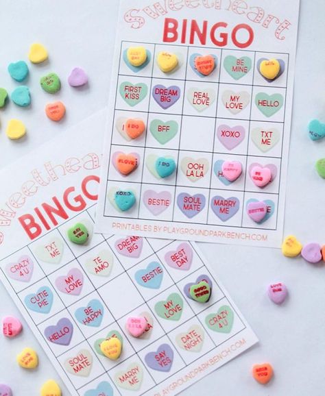 Our Valentine Bingo game printable features 2 different sets of 20 unique game cards. Play the colored hearts version with at your preschool Valentine's Day party, or opt for the conversation heart phrase version for your early readers | Party Games | Valentine's Day | Kids Activities | Candy Hearts | Sweethearts | Room Mom Ideas Valentines Tea, Archery Practice, Games Preschool, Anniversary Party Games, Valentine's Day Party Games, Valentine Party Game, Diy Party Games, Valentine Bingo, Discovery Bottles