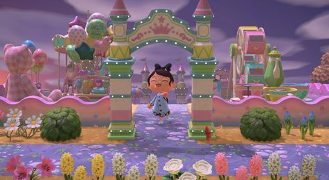 Animal Crossing Carnival Design, Animal Crossing Plaza Carnival, Animal Crossing Fence Ideas, Animal Crossing Princess Island, Animal Crossing Clowncore, Animal Crossing Carnival Path, Acnh Plaza Carnival Ideas, Acnh Colorful Island, Carnival Animal Crossing