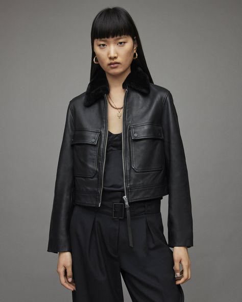 Safiya Leather Jacket Black | ALLSAINTS US Leather Shorts Women, Short Leather Skirts, Flying Jacket, Leather Jumpsuit, Sheepskin Jacket, Shearling Vest, Studded Jacket, Distressed Jacket, Harrington Jacket