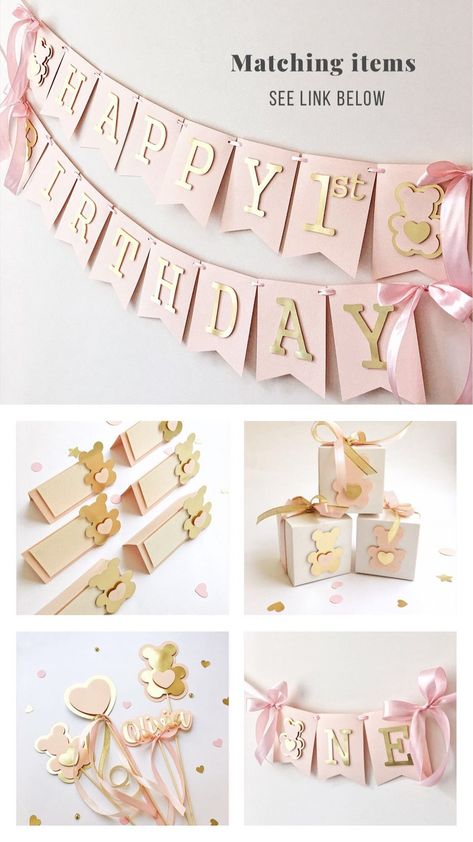 Baby Shower Banner Girl, Personalized Centerpieces, Pink And Gold Birthday, Teddy Bear Party, Teddy Bear Birthday, One Year Birthday, 1st Birthday Banners, Teddy Bear Girl, Girl Birthday Decorations