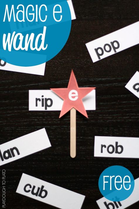 Activity for ages 5 to 7. This DIY magic E wand is one of my favorite ways to teach kids what happens when a silent E is added to the end of a consonant-vowel-consant (CVC) word. It’s a memorable, hands-on activity that helps kids magically transform short vowels into long vowels. Just. Like. That. Grab your set below … Magic E Games Free, Cvce Activities, Phonics Ideas, Playdough To Plato, Silent E, Cvce Words, Magic E, Jolly Phonics, Phonics Words