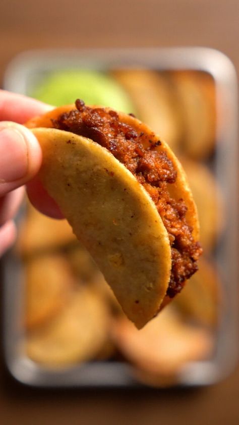 Vegan Tiny Tacos - Thee Burger Dude Tofu Street Tacos, Vegan Mushroom Tacos Recipes, Tiny Tacos, Mushroom Tacos Vegan, Vegan Taco Bell, Avocado Lime Sauce, Vegan Tofu Taco Crumbles, Crunchy Taco Shells, Tacos Vegan