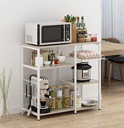 Kitchen Standing Shelves, Toaster Storage, Appliance Shelf, Table For Tv, Microwave Table, Open Kitchen Ideas, Microwave Kitchen, Kitchen Shelf Styling, Ladder Shelf Diy