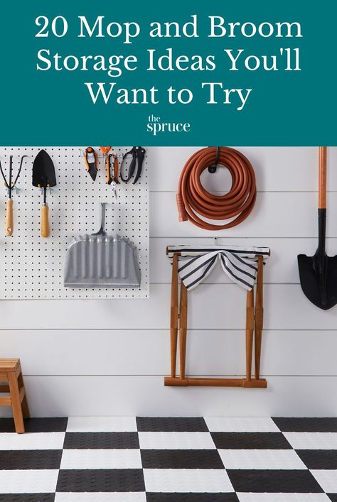 Even cleaning supplies deserve to be kept neat and tidy. Here are 20 tips and mop and broom storage ideas to help you keep them well organized. #declutter #declutterideas #homeorganization #howtoclean #organizationtips #thespruce How To Hang Brooms And Mops, Organizing Brooms And Mops, How To Organize Brooms And Mops, Hanging Brooms And Mops Ideas, Broom Storage Ideas, Mop And Broom Storage Ideas, Broom And Mop Storage Ideas, Mop And Broom Storage, Cleaning Tools Storage