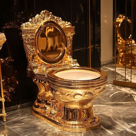 Transform your bathroom into a palace with the Luxury Throne Gold Toilet. This exquisite piece is designed to be the ultimate statement of opulence, featuring a regal gold finish that radiates wealth and sophistication. Every detail of this toilet, from its majestic contours to its gleaming surfaces, is crafted to evoke the grandeur of a royal throne. Conceptual AI Art Follow @ecosapiens for more! Gold Toilet, Royal Throne, Episode Interactive Backgrounds, Restroom Design, Bathroom Decor Luxury, Bathroom Furnishings, Timeless Treasures, Gold Finish, Bathroom Accessories