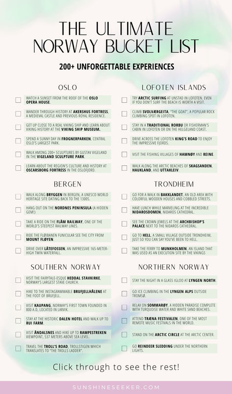 This Norway Bucket List is 20+ years in the making, created by a Norwegian travel blogger. Discover 200+ of the best things to do in Norway. Map Of Norway, Things To Do In Bergen Norway, Finland Bucket List, Trip To Norway, Norway Road Trip, Norway In November, Travel To Norway, Norway Tourism, Norway Holiday