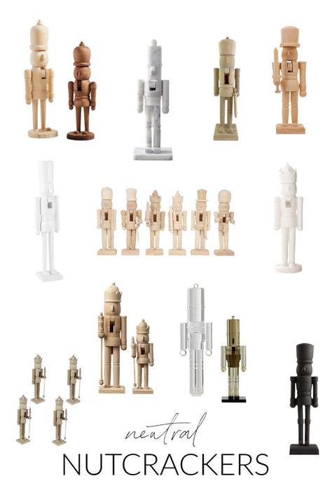 A collection of neutral nutcrackers, including white lacquer nutcrackers, wooden nutcrackers, acrylic nutcrackers, marble nutcrackers and an iron nutcracker! Modern Nutcracker Decor, Neutral Nutcracker Decor, Stained Nutcracker, Minimalist Nutcracker, Neutral Nutcracker, Rustic Nutcracker, Simple Nutcracker, Nutcracker Display Ideas, Modern Nutcracker