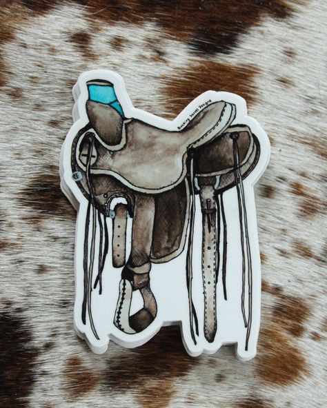 Western vinyl decal of a hand-drawn ranch saddle. I did the original artwork with watercolor and ink, and the pop of color on the horn wrap makes it a fun design for all the turquoise loving cowboys and cowboy gals out there. This decal can be used on drinkware, laptops, your car or truck, or anywhere that strikes your fancy. Thick, durable vinyl protects your stickers from scratches, water & sunlight so they are sure to last. Keep it for yourself or use as a gift for the punchy folks in your li Cute Western Stickers, Ranch Saddle, Western Stickers, Western Prints, Cow Boys, Horse Crafts, Patriotic Crafts, Western Aesthetic, The Horn