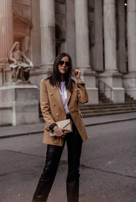 Leather Pants and Camel Blazer Combo Tan Faux Leather Blazer Outfit, Camel Blazer Outfits Women Office Wear, Caramel Blazer Outfit Women, Camel Vegan Leather Pants, Women’s Tan Blazer Outfit, Zara Blazer Outfit, Nude Blazer Outfit, Camel Blazer Outfits Women, Camel Blazer Outfit