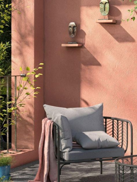 Paint balcony walls a warm terracotta shade and accessorise with storm lanterns for an ambience that will whisk you away to distant shores. #homedecor  Click for more beautiful balcony décor ideas Image: John Lewis Outdoor Wall Paint, Terracotta Patio, Interior Hacks, Terracotta Walls, Peaceful Green, Beautiful Balcony, Balcony Design Ideas, Decoration Restaurant, Painted Patio