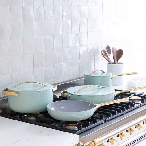 Crate and Barrel on Instagram: “Introducing NEW Caraway for Crate & Barrel—an exclusive line of limited-edition @caraway_home cookware, now in Silt Green. The internet's…” Cookware Photography, Green Cookware, Caraway Cookware, Ceramic Cookware Set, Induction Oven, Pan Rack, Aluminum Pans, Ceramic Cookware, Silicon Utensils