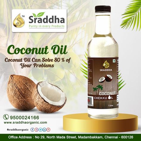 Sraddha organic Coconut Oil Coconut Oil can solve 80% of your problems For Enquiry Call Us : 9500024166 #Sraddha #Organic #SraddhaOrganic #coconutoil #oil #health #healthoil #care #bodycare #organic #sraddha #sraddhaorganic #home #Benefits #oilbenefits #chekku #chekkuoil #original #originaloil #cookingoil #originalchekku #originalchekkuoil #originalcoconut #delivery #sale #online #onlineshop #freedelivery #home Groundnut Oil, Afrique Art, Fresh Coconut, Store Image, Coconut Oil Hair, Drinks Design, Oil Benefits, Food Packaging Design, Packing Design