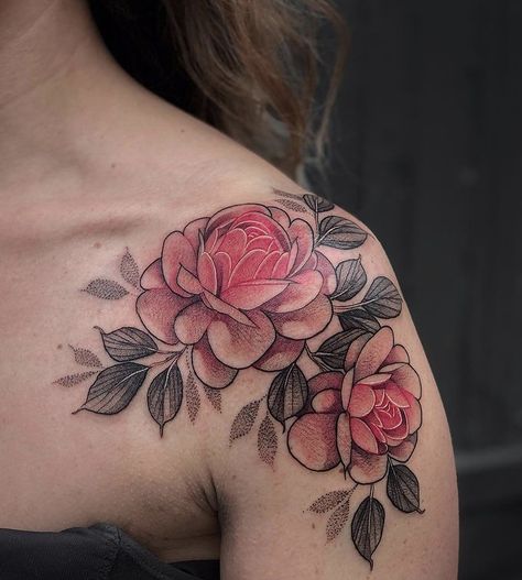 Pink Peonies Tattoo, Blue Flower Tattoos For Women, Pink Floral Tattoo, Pink Flowers Tattoo, Peony Tattoo Color, Peony Shoulder Tattoo, Pink Flower Tattoo, Pink Peony Tattoo, Chest Neck Tattoo