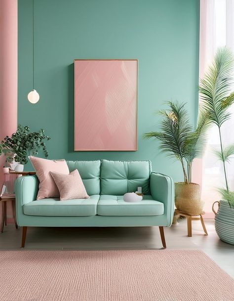 Mint Green and Blush Pink Mint Green Interior Design, Color Combination For Living Room, English Cottage Living Room, Office Bedroom Ideas, Country Style Living Room, Green Interior Design, Pottery Barn Inspired, Outdoor Living Rooms, Cottage Living Rooms