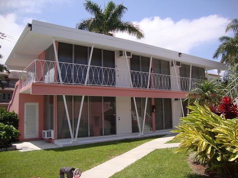 Mid-century apartments, Isle of Venice Dr., Fort Lauderdale, Florida........Is this Dexter's Apartment? Palm Springs Mid Century Modern Exterior, Mid Century Apartment Building Exterior, Southern Beach House, Haint Blue Porch, Mcm Architecture, Mid Century Bungalow, Waterfront Condo, Mid Century Apartment, Retro Homes