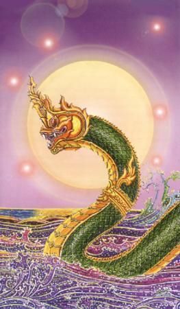 Phaya naga- Buddhist myth: a huge sea serpent dragon that spits fireballs. Green Scales, Ancient Goddesses, River Life, Sea Serpent, Fairy Dragon, Vientiane, Mythical Animal, Legendary Creature, Thai Art