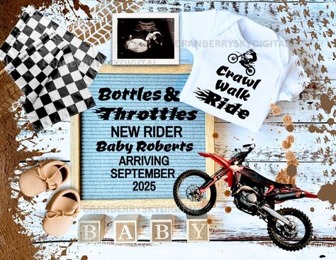 Gender Reveal Ideas With Dirt Bike, Dirtbike Gender Reveals, Biker Baby Shower Ideas, Motorcycle Baby Announcement, Dirtbike Baby Shower Theme, Dirt Bike Baby Shower Ideas, Racing Baby Announcement, Unique Gender Reveal Party Ideas, Baby Announcement Social Media