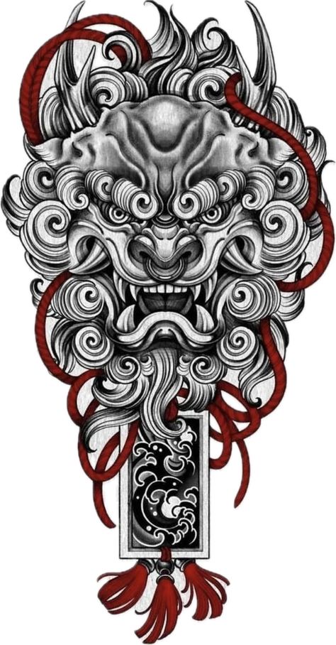 Chinese Lion Tattoo, Komainu Tattoo, Japanese Lion Tattoo, Foo Dog Design, Traditional Lion Tattoo, Calf Tattoo Ideas, Japanese Foo Dog, Japanese Wave Tattoos, Foo Dog Tattoo Design