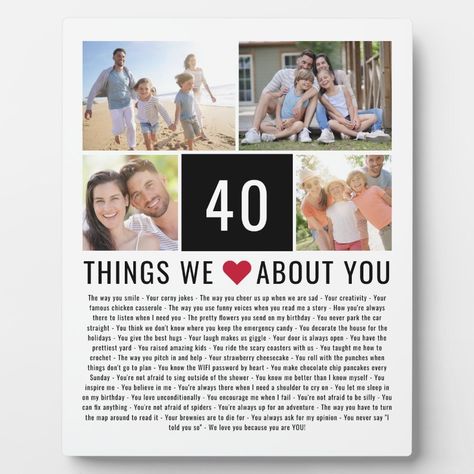 40 Things We Love About You  40th Birthday Plaque  Zazzle 40th Birthday Poster, Throwing A Party, Holiday Soiree, Best Hug, Corny Jokes, Unique Birthday Gift, Milestone Birthday, Birthday Poster, Throw A Party