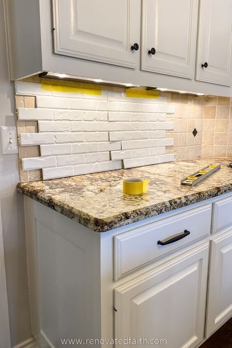 Tile Sheets Backsplash, Cheap Kitchen Backsplash Ideas Diy, Faux Brick Wall Backsplash, Whitewashed Brick Backsplash Kitchen, Peel And Stick Faux Brick, Diy Faux Brick Backsplash, Faux Kitchen Backsplash, Beige Brick Backsplash Kitchen, Faux Brick Backsplash Kitchen Diy