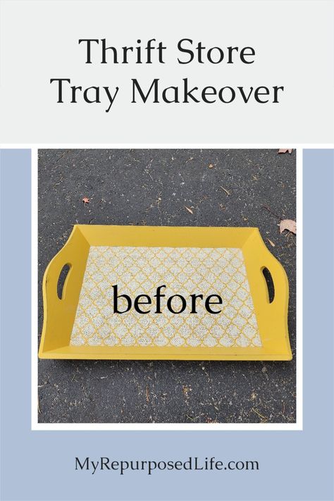 Wood Tray Makeover Ideas, Tray Diy Wooden, How To Make Trays Diy Projects, Plastic Tray Diy Ideas, Painted Trays Ideas Easy Diy, Hand Painted Trays Ideas, Painted Wooden Trays Ideas, Ottoman Tray Diy, Tv Tray Makeover Diy