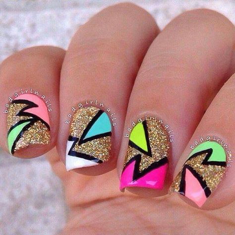 ♡ 80s Nails, Nail Art Paillette, Triangle Nails, Funky Nail Art, Colorful Nail Art, Colorful Nail, Her Nails, Nail Swag, Neon Nails