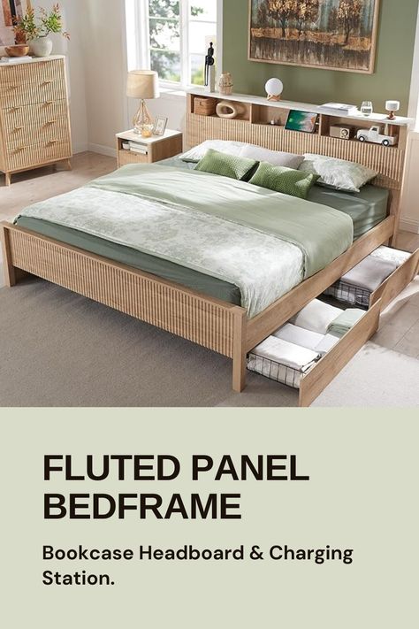 A fluted panel bed frame that has a bookcase headboard and four sliding drawers under the bed. Mid-century modern style bed. Book Lovers Bedroom, Panel Bed Frame, Fluted Panel, Sliding Drawers, Bookcase Headboard, King Bed Frame, Wood Platform Bed, Storage Design, Oak Color