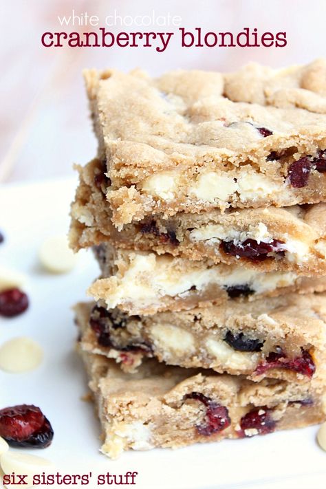 White Chocolate Cranberry Blondies | Six Sisters' Stuff White Chocolate Cranberry Blondies, Cranberry Blondies, Cranberry White Chocolate, Cheesecake Brownie, Chocolate Chip Bars, Six Sisters Stuff, White Chocolate Chip, White Chocolate Cranberry, Brownie Bar