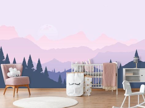 Ombre Mountains, Woodland Mural, Nursery Wall Painting, Mountain Mural, Pine Tree Forest, Woodland Wallpaper, Mountain Nursery, Wallpaper Nursery, Forest Mural