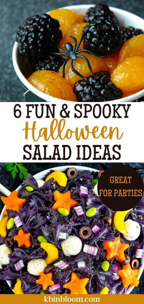 Salads are never the first thought when thinking of themed food, they are always left out of Halloween ideas. But, I found the best Halloween salads for this time of year. These salads are too good not to share. So, get your serving platter ready and check out this list of the best salads you must try this Halloween. Haunted Fruit Salad, Healthy Halloween Side Dishes, Halloween Salad Bar, Halloween Ambrosia Salad, Halloween Fruit Appetizers, Halloween Dinner Vegetables, Halloween Green Salad Ideas, Fruit Salad Halloween, Halloween Fluff Salad