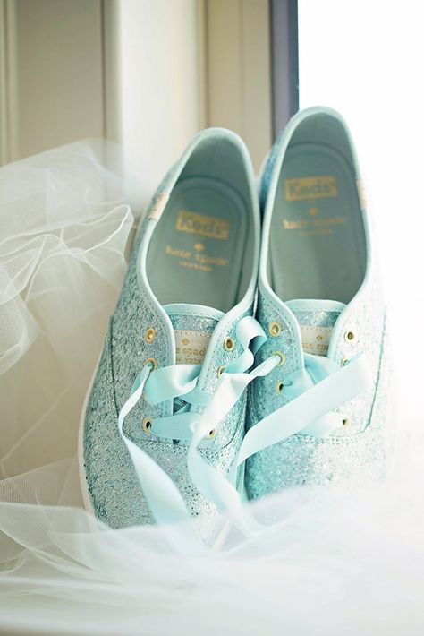 Keds X Kate Spade New York Champion Glitter sneakers in light blue matte glitter Tiffany Blue Wedding Shoes, Kate Spade Wedding Shoes, Classic Blue Wedding, Kate Spade Wedding, Blue Bridal Shoes, Kate Spade Bridal, Bridal Sneakers, Kate Spade Keds, Blue Suede Heels