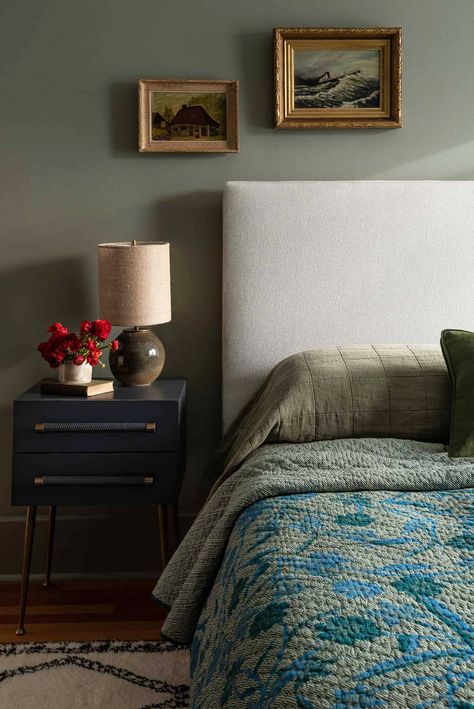 Heidi Caillier Design, Heidi Caillier, Grey Headboard, Cottage Bedroom, Bedroom Headboard, Bedroom Green, Blue Bedding, Blue Bedroom, Interior Design Inspiration