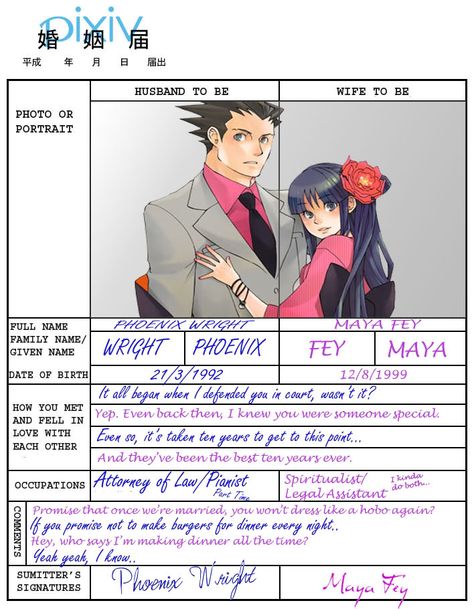 Phoenix Wright and Maya Fey Marriage certificate - Yeah Maya don't make him dress like a nono ever again! Phoenix Wright X Maya Fey, Maya X Phoenix Wright, Phoenix Wright X Maya, Phoenix And Maya, Maya Fey, Apollo Justice, Professor Layton, Wife To Be, Phoenix Wright