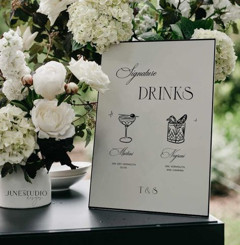 Introducing our Signature Cocktails Wedding Bar/ Drinks Menu Signage Template in Old Money Eleanor Collection. This design features my original cocktails illustration and modern vintage inspired typography, a unique addition to your wedding, engagement, hens party, birthday, dinner party or any special event.  With this template, you can edit all details including wording, text font, illustration color and background color as well as upload your own graphics to make this sign uniquely you. Our t Speciality Cocktails Wedding Sign, Cute Bar Signs For Wedding, Wedding Cocktails Sign, Specialty Cocktail Sign, Wedding Signs Bar, His And Her Wedding Cocktails, Black And White Cocktail Hour, Signature Cocktails Wedding Sign, Wedding Signature Drink Sign