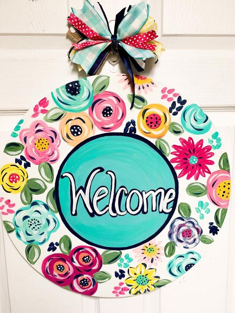 Flower Door Hanger / Spring Door Hanger / Summer Door Hanger / | Etsy Stage Decoration Ideas, Flower Door Hanger, Door Hanger Round, Mason Jar Door Hanger, Sunflower Door Hanger, Teacher Door Hangers, Spring Door Hanger, Flower Door, Round Door Hanger