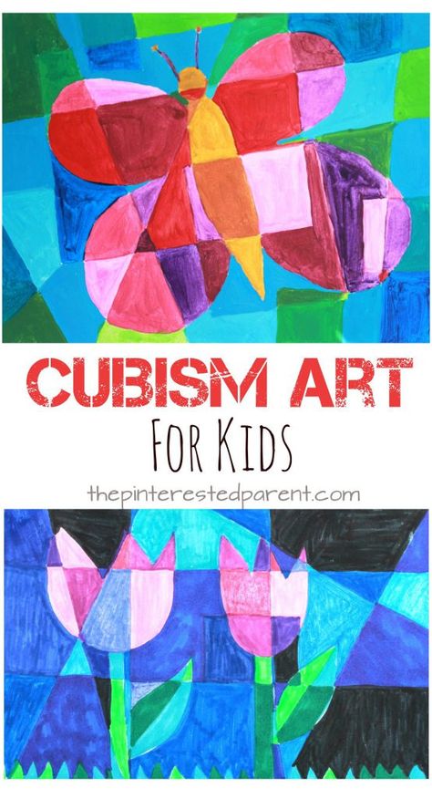 Picasso artist inspired Cubism art for kids. Spring arts & crafts ideas. Butterflies and tulips - abstract art Art 2nd Grade, Spring Arts And Crafts, Classe D'art, Spring Art Projects, Art Project For Kids, Art Picasso, Istoria Artei, 2nd Grade Art, 3rd Grade Art