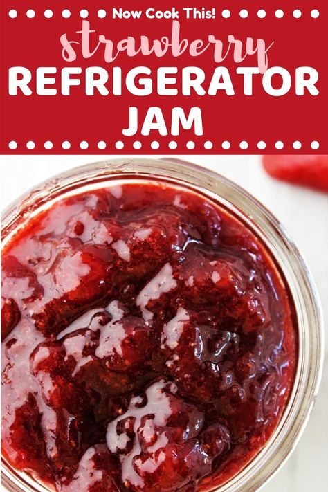 This quick and easy homemade Strawberry Refrigerator Jam is made with just three simple ingredients, has no added pectin, and only takes 30 minutes. This recipe makes a small batch of deliciously sweet jam that you store in the refrigerator or freezer, so no canning required! #strawberryjam #refrigeratorjam #freezerjam #strawberryrecipes | nowcookthis.com Strawberry Jalapeno Freezer Jam, Refrigerator Strawberry Jam Recipe, Strawberry Refrigerator Jam, Quick Jam Recipes, Strawberry Preserves Recipe Easy, Refrigerator Strawberry Jam, Strawberry Jam With Pectin, Easy Strawberry Jam Recipe, Refrigerator Jam