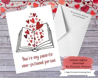 Librarian Valentine | Etsy Nerd Valentine, Card Book, Printable Greeting Cards, Library Card, Valentine Card, Gifts For Readers, Book Themes, Card Envelopes, Holiday Card