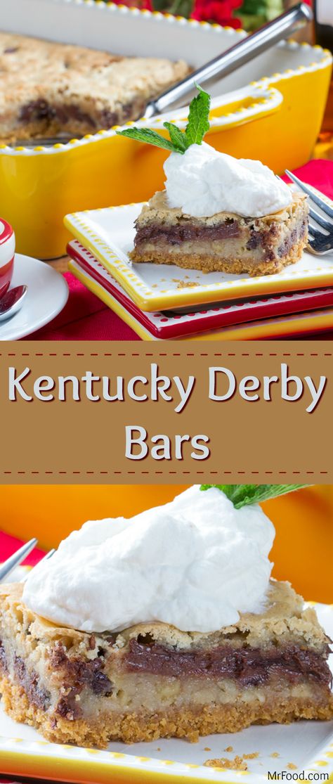 We've got a Kentucky Derby dessert recipe that combines all the fun of racing day with sweet flavor! These dessert bars have a hint of tipsy fun that will send everyone to the gates on the right note, so we think they're the easy Kentucky Derby recipe that you've been looking for! Just make them ahead of time and, when your guests arrive, give them the ready...set...go! Derby Bars, Derby Pie Bars, Kentucky Derby Desserts, Derby Recipe, Derby Party Food, Kentucky Derby Party Food, Derby Party, Brownie Bar, Dessert Bread