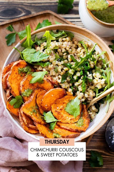 Not sure what to make for dinner this week? I have you covered with 5 simple & delicious vegan dinner ideas! | Vegan Dinner Plan #243 | ThisSavoryVegan.com #dinnerplan #veganmealprep #vegandinnerplan Baked Meals, Vegan Potato Recipes, Sweet Potato Recipes Roasted, Sweet Potatoes Recipe, Pearl Couscous, Seasoned Potatoes, Grain Bowls, Vegan Salads, Veg Food