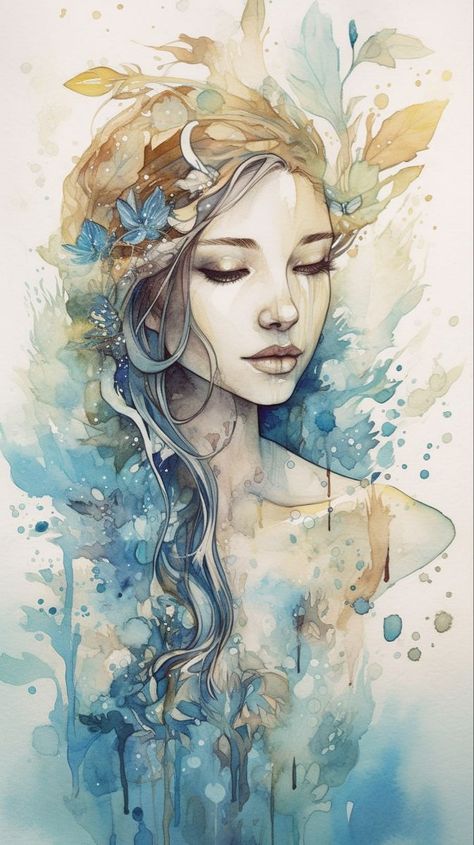 Unique Watercolor Paintings Ideas, Watercolour Faces, Watercolour Face, Drawings With Charcoal, Surreal Watercolor, Nature Watercolor Art, Painting Of Woman, Flowers And Mushrooms, Watercolor Art Face