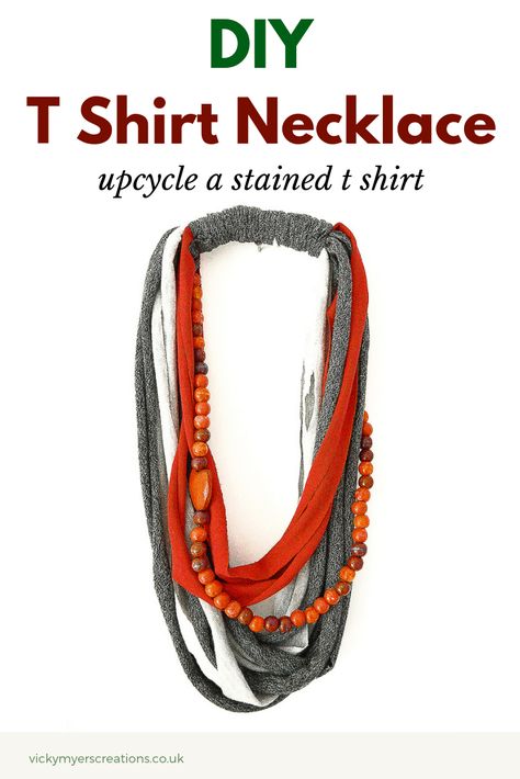 Learn how to upcycle a T Shirt into a necklace. This DIY project is a fun make for any age, learn how to make t shirt yarn. #recycletshirt #tshirtyarnproject #recycle #recycledproject #recycling #crafts #diy #doityourself #upcycle T Shirt Scarf Diy How To Make, T Shirt Necklace Diy, Tshirt Necklace Diy How To Make, Upcycling Shirts, Upcycling Tutorials, Scarf Inspiration, Upcycle Jewelry, Umgestaltete Shirts, Shirt Craft