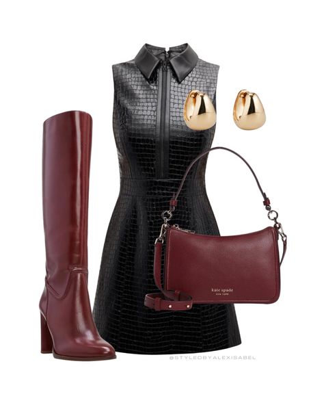 Black croc-embossed dress with burgundy boots, and matching shoulder bag. #StyledbyAlexIsabel #fashion #outfit #outfitideas #nightout Grunge Dress Outfit, Winter Style Guide, Chic Grunge, Middle Eastern Fashion, Burgundy Boots, Grunge Dress, Black Dress Outfits, Dope Outfits, Kpop Fashion