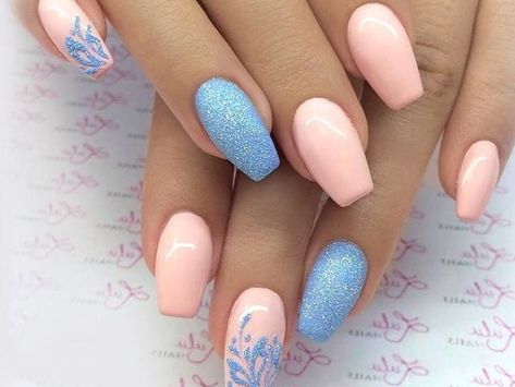 Nails Pink Blue, Coral Nails With Design, Nails Coral, Party Crowd, Baby Blue Nails, Peach Nails, Coral Nails, Spring Nail Colors, Blue Nail Designs