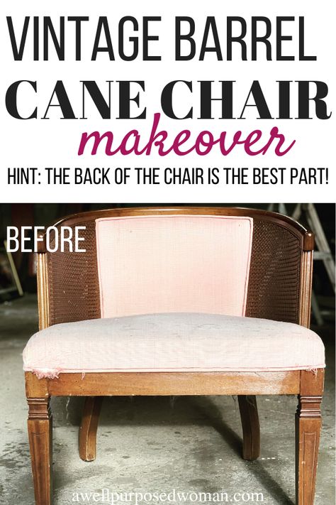 Have an old vintage cane chair that is worn out? Check out this transformation using up-cycled curtains! This barrel cane chair was painted and re-upholstered. The back of the chair is the most beautiful. To check out the full vintage barrel cane back chair makeover check out the link! Vintage Barrel Chair, Cane Barrel Chair Makeover, Vintage Cane Chair Makeover, Barrel Chair Makeover, Barrel Cane Chair, Cane Back Chair Makeover, Cane Barrel Chair, Vintage Cane Chair, Cane Chair Redo