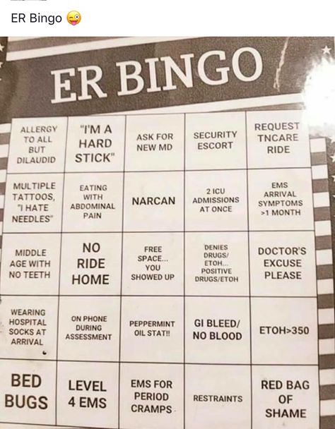 ER bingo Emergency Nurses Week, Ems Week, Nurse Pics, Nurse Cartoon, Nursing Fun, Medical Words, Healthcare Humor, Emergency Room Nurse, Workplace Humor